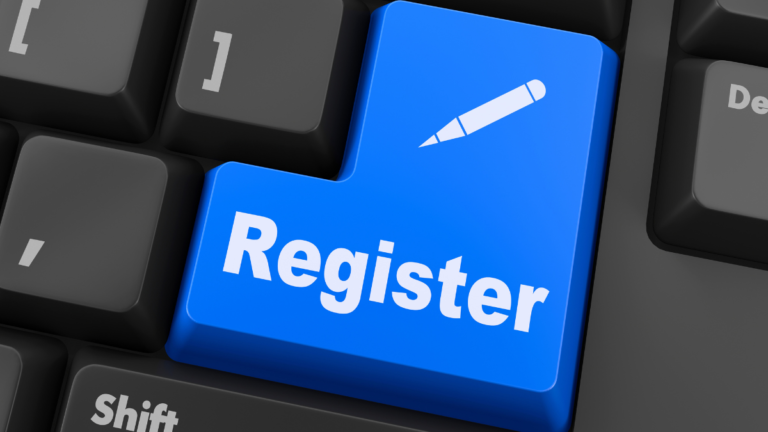 A blue button with the word register