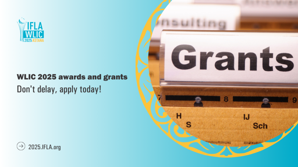 Illustration of KZ patterns with an image of folder. Text: WLIC 2025 awards and grants, don't delay apply today