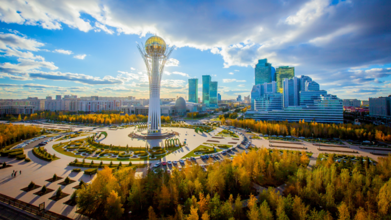 An aerial image of the Baiterek tower in Astana, Kazakhstan.