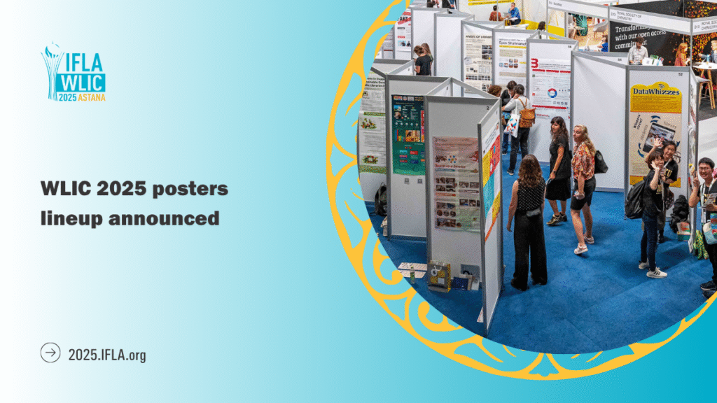 An image of people in a poster exhibition with text